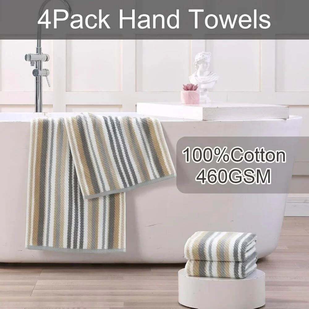 Ultra Absorbent Beige Striped Hand Towels - Set of 4 for Stylish Bathrooms